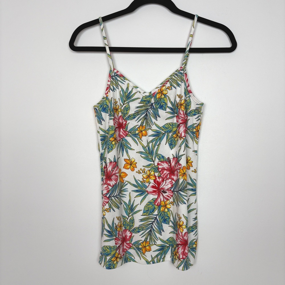 No Boundaries Juniors Y2K Tropical Floral Ribbed Cami Tank Sz L White Beach Boho